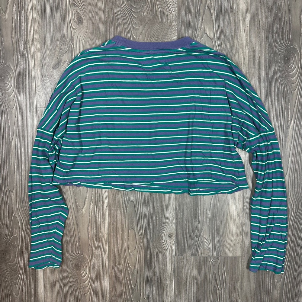 Urban Outfitters Upcycled Purple and Teal Striped Cropped Long Sleeve Top - Picture 6 of 7